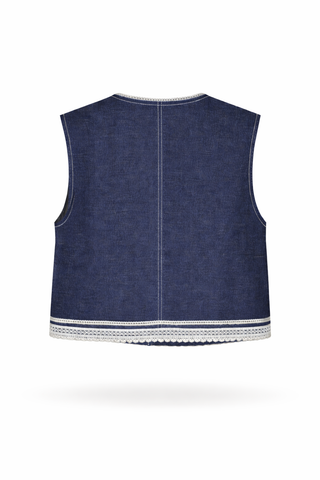 Blue Lace-Trim Denim Vest Jacket Set