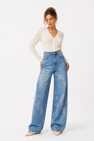 Blue Floral Print Wide-Leg Denim Jeans