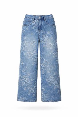 Blue Floral Print Wide-Leg Denim Jeans