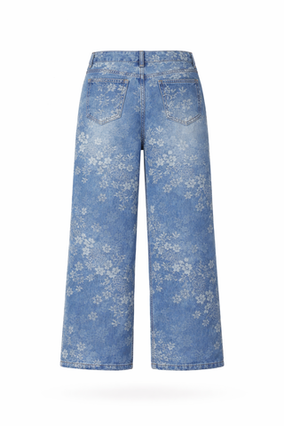 Blue Floral Print Wide-Leg Denim Jeans