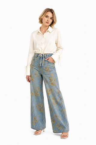 Blue Floral Print Wide-Leg Denim Trousers