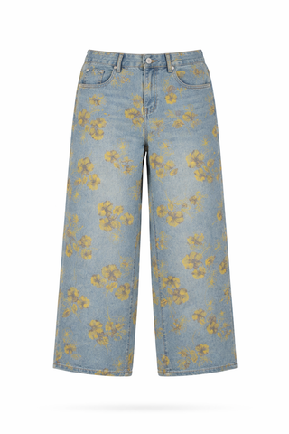 Blue Floral Print Wide-Leg Denim Trousers
