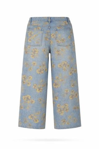 Blue Floral Print Wide-Leg Denim Trousers