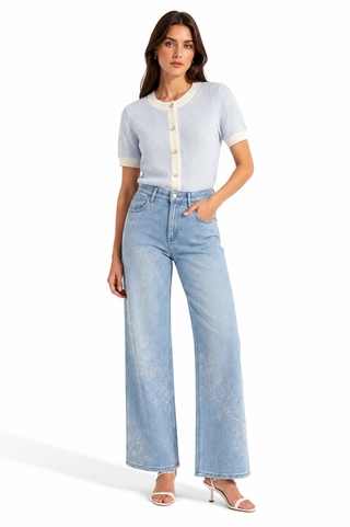 Blue Floral Embroidery Wide-Leg Denim Jeans