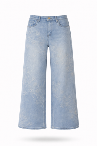 Blue Floral Embroidery Wide-Leg Denim Jeans