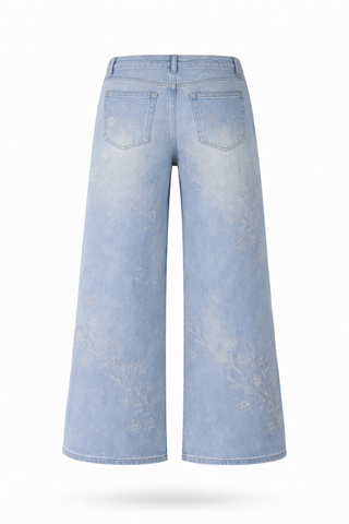 Blue Floral Embroidery Wide-Leg Denim Jeans