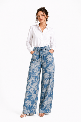 Blue Rose Print Wide-Leg Denim Jeans