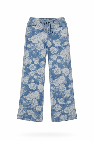 Blue Rose Print Wide-Leg Denim Jeans