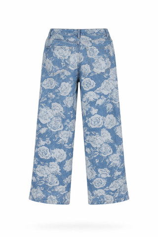 Blue Rose Print Wide-Leg Denim Jeans