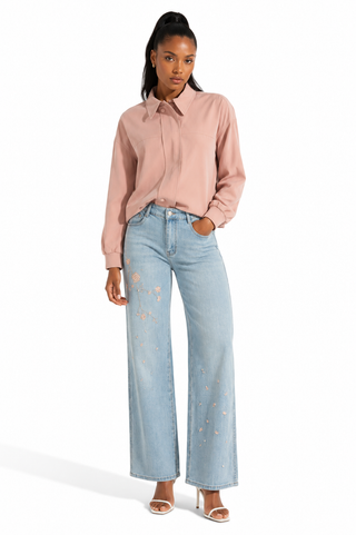 Blue Floral Embroidered Wide-Leg Jeans