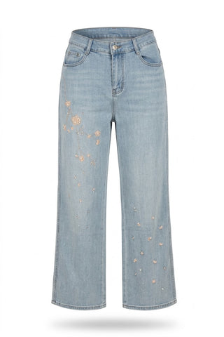 Blue Floral Embroidered Wide-Leg Jeans