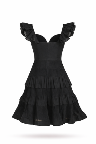Black Frill Detail Belted Short  Dress