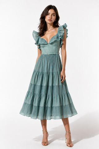Green Silk Frill Sleeve Pleated Midi Dress