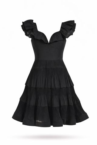 Black Frill Detail Belted Short  Dress