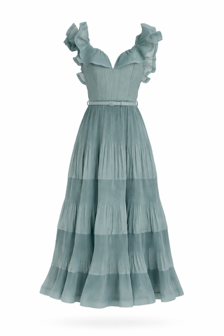 Green Silk Frill Sleeve Pleated Midi Dress