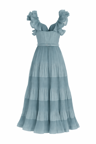 Green Silk Frill Sleeve Pleated Midi Dress
