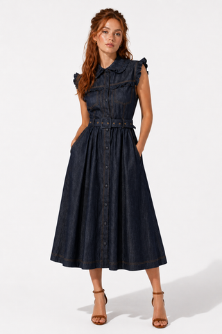 Denim Frill Sleeve Collared Belted Midi Dress