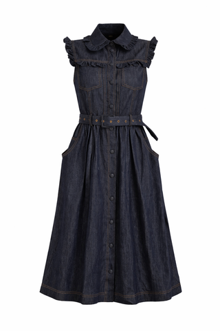 Denim Frill Sleeve Collared Belted Midi Dress