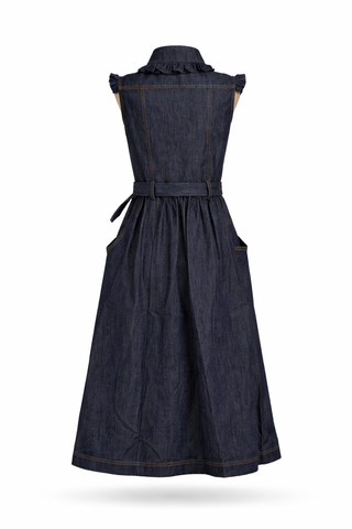 Denim Frill Sleeve Collared Belted Midi Dress