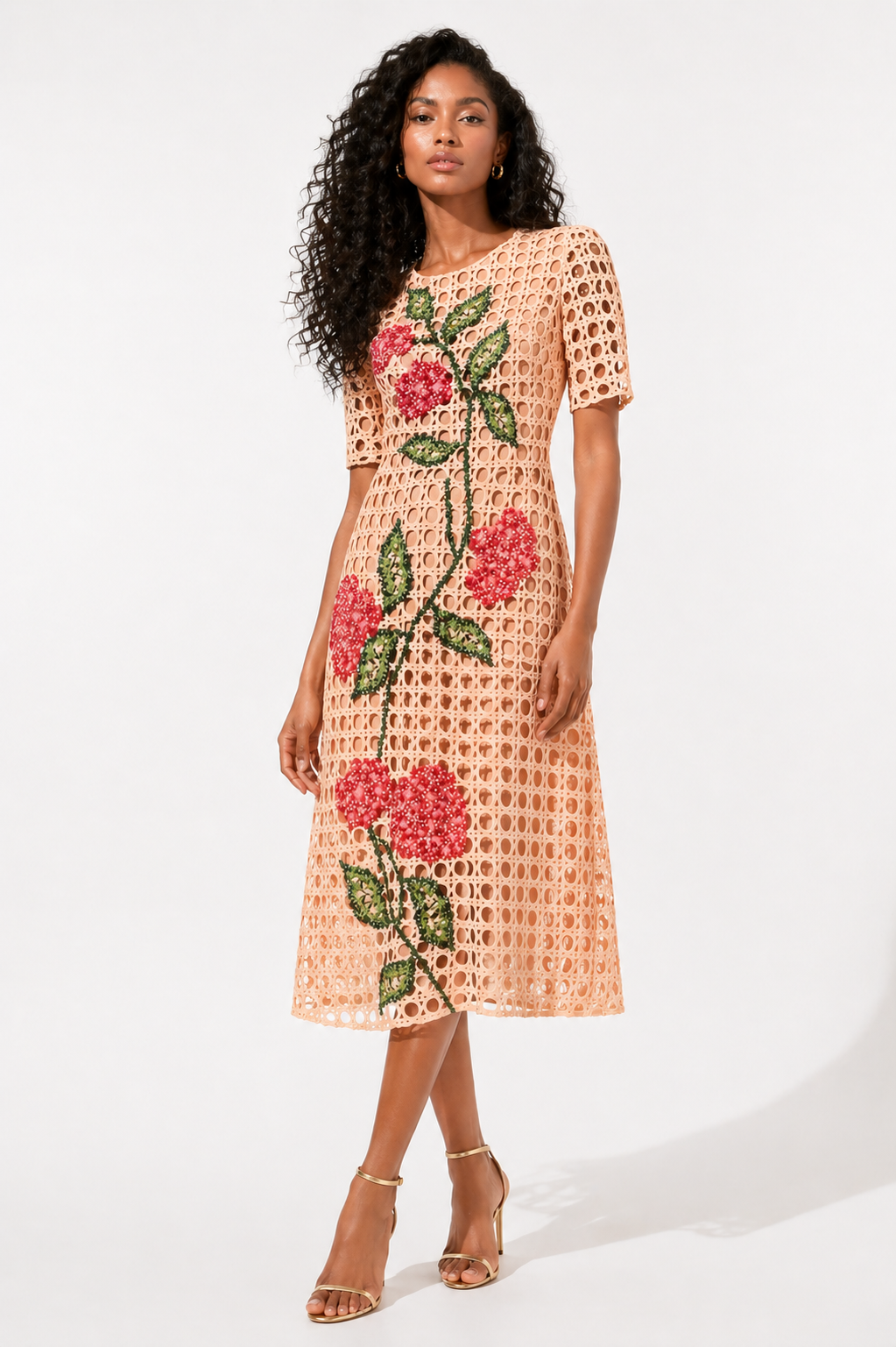 Off-White Crochet Floral Embroidered Midi Dress