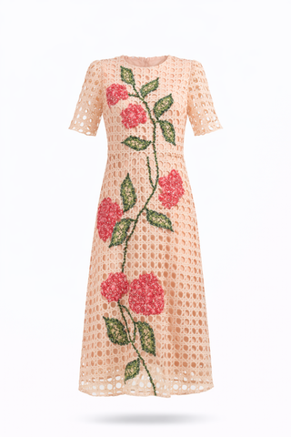 Off-White Crochet Floral Embroidered Midi Dress