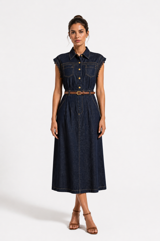 Denim Collared Midi Belted Dress