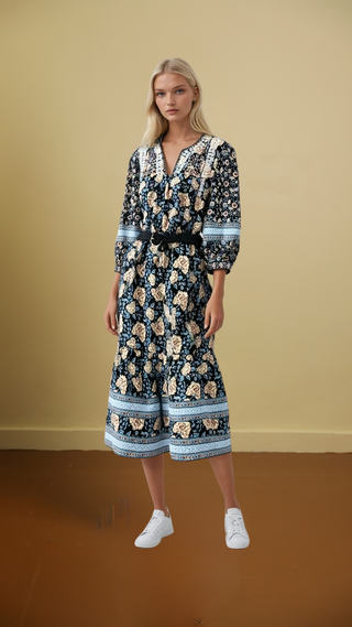 Elbow Sleeve Dress With Floral Print And Crisscross Details