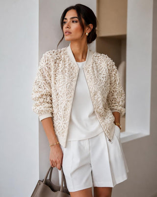 FLORAL EMBROIDERED LACE BOMBER JACKET IN COTTON & LACE