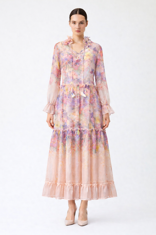 Blush Watercolor Chiffon Maxi Dress