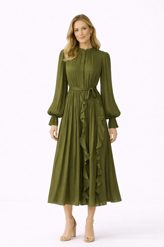 Olive Cascade Chiffon Maxi Dress
