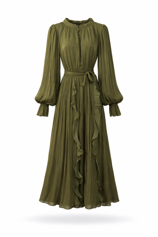 Olive Cascade Chiffon Maxi Dress