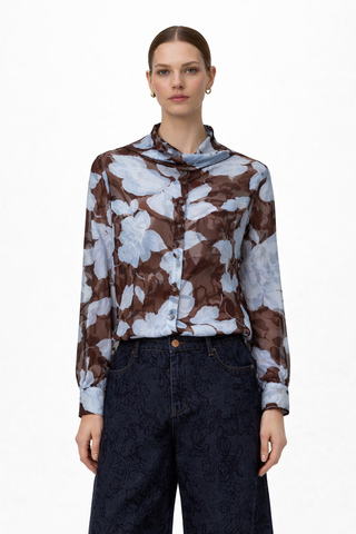 Powder-Blue Floral Chiffon Blouse