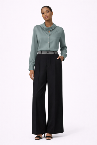 Sage Satin Tie-Neck Blouse