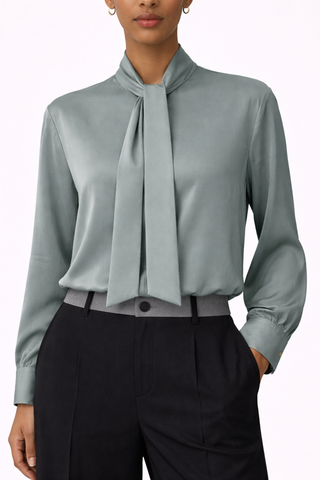 Sage Satin Tie-Neck Blouse