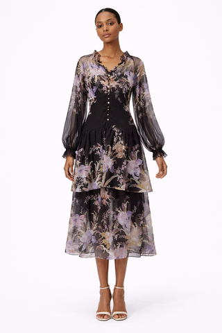 Midnight Floral Chiffon Midi Dress