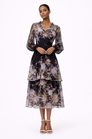Midnight Floral Chiffon Midi Dress