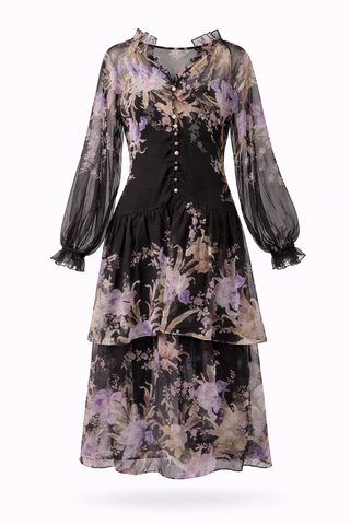 Midnight Floral Chiffon Midi Dress