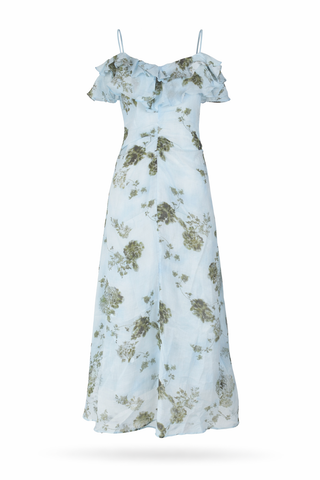 Blue Off-Shoulder Floral Ruffle Midi Dress