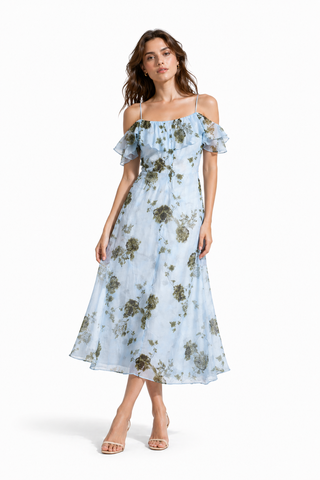 Blue Off-Shoulder Floral Ruffle Midi Dress