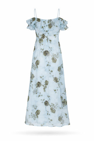 Blue Off-Shoulder Floral Ruffle Midi Dress