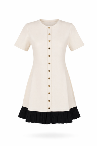 White Gold Button Pleated Hem Dress