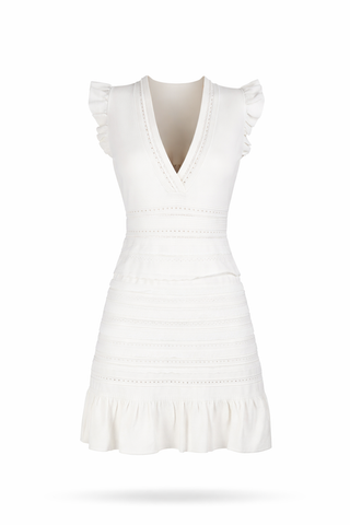 Frill Sleeve V-neck White Short Dress