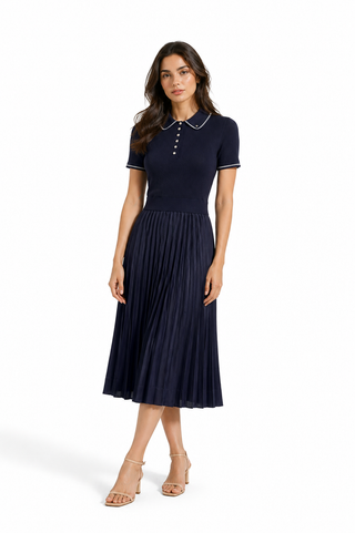 Collared Pleated Midi Dress with Pearl Buttons