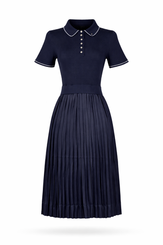 Collared Pleated Midi Dress with Pearl Buttons