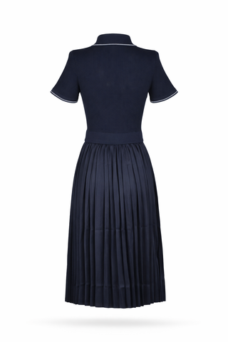 Collared Pleated Midi Dress with Pearl Buttons