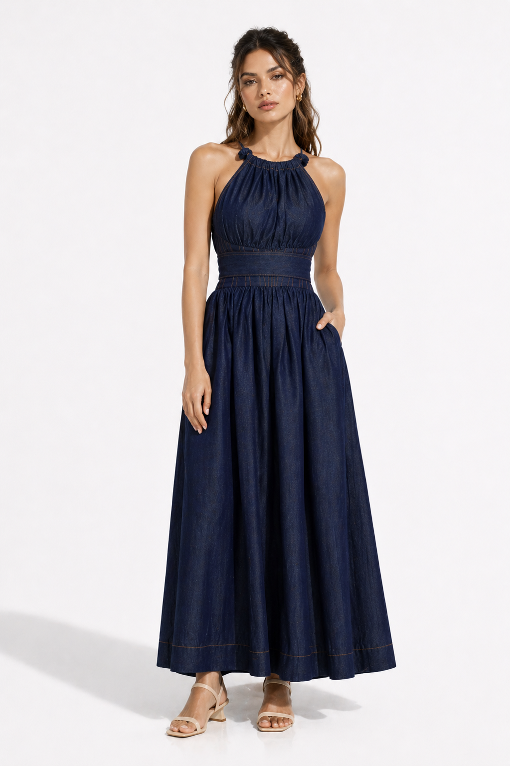 Denim Halter Cinched Waist Maxi Dress