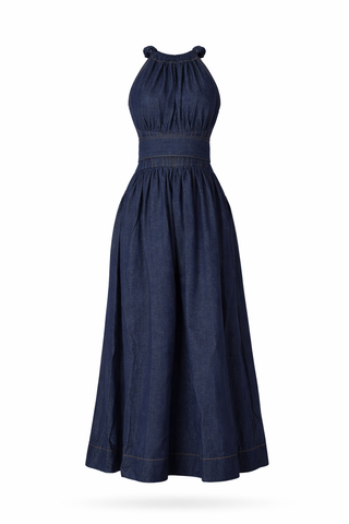 Denim Halter Cinched Waist Maxi Dress