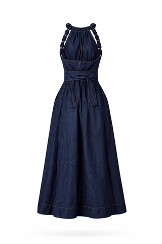 Denim Halter Cinched Waist Maxi Dress