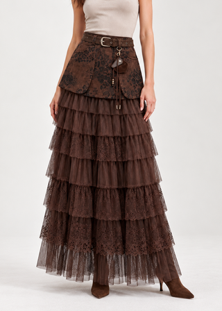 Lace-Yoke Tiered Tulle Maxi Skirt
