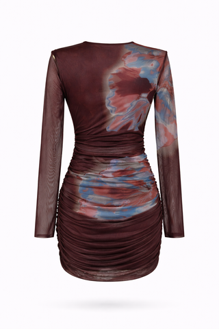 Brown Long Sleeve Ruched Abstract Short Dress